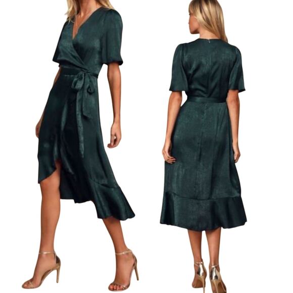 Lulus Satin Faux Wrap Midi Dress V Neck Flutter Sleeve Teal Green NEW Womens M - Picture 1 of 11